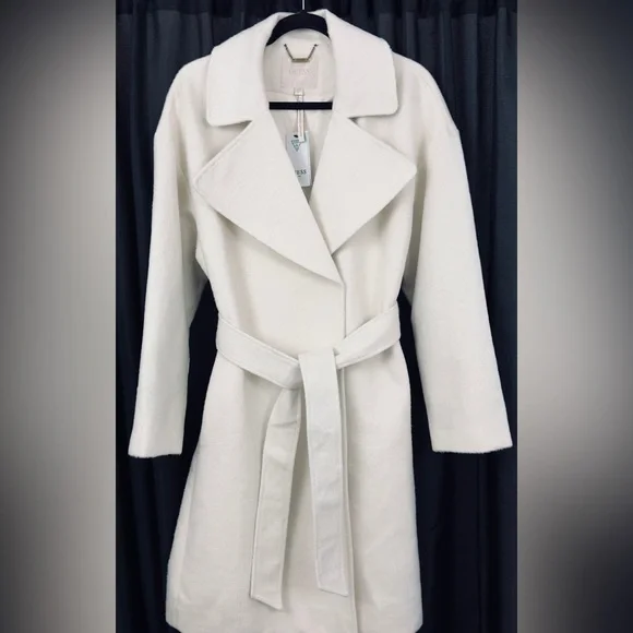 “Guess” - Cream Snow White Belted Trench Coat (Sustainable Wool Garment) NWT - Picture 2 of 15
